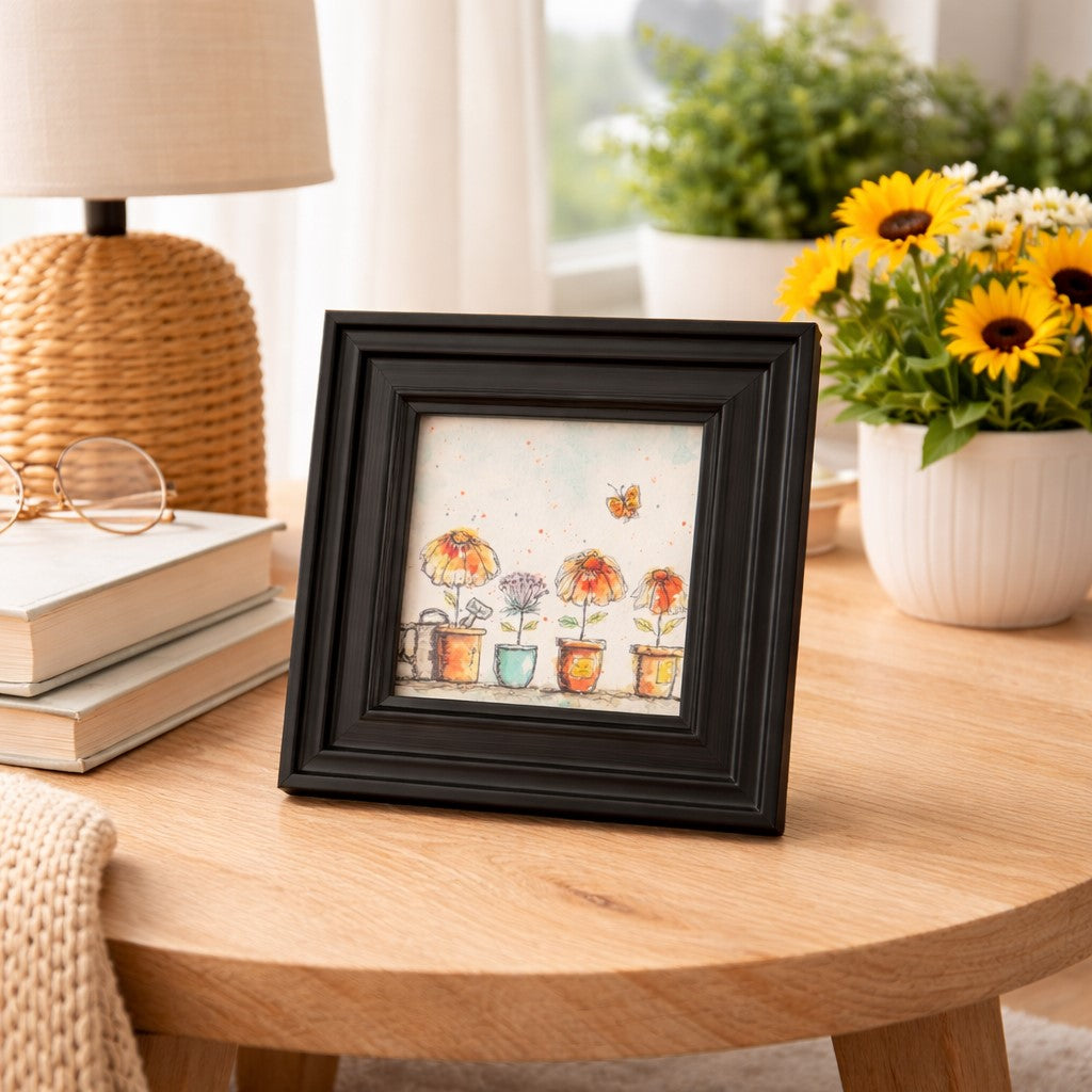 Watercolor art print of potted flowers and butterfly in 6x6 black resin frame for tabletop or wall display