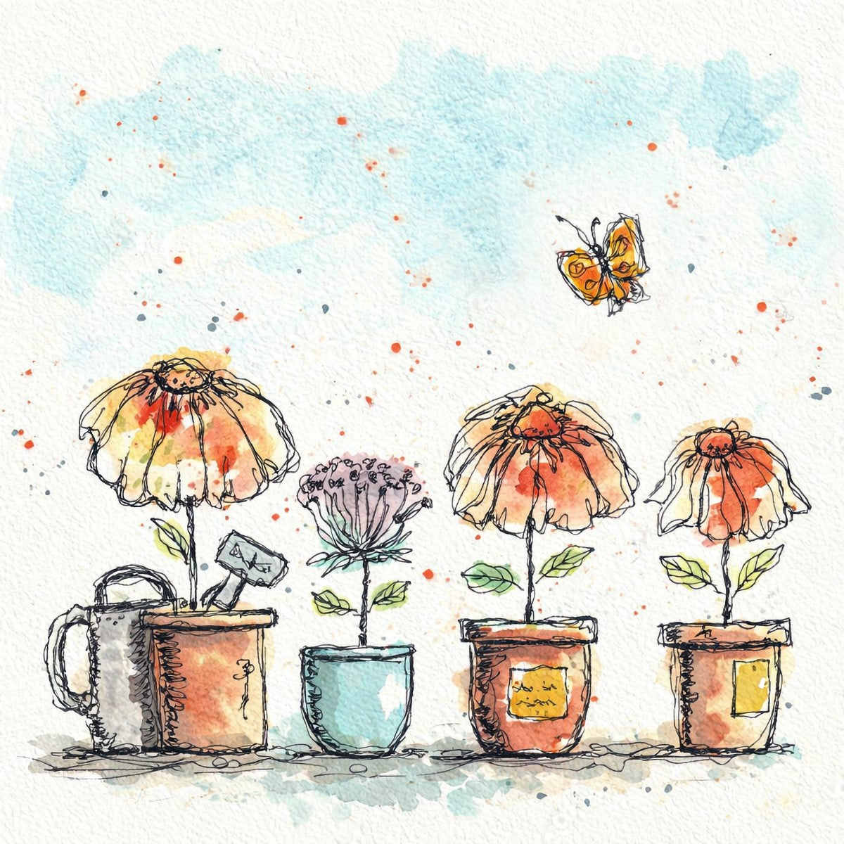 Watercolor art print of potted flowers and butterfly in 6x6 black resin frame for tabletop or wall display