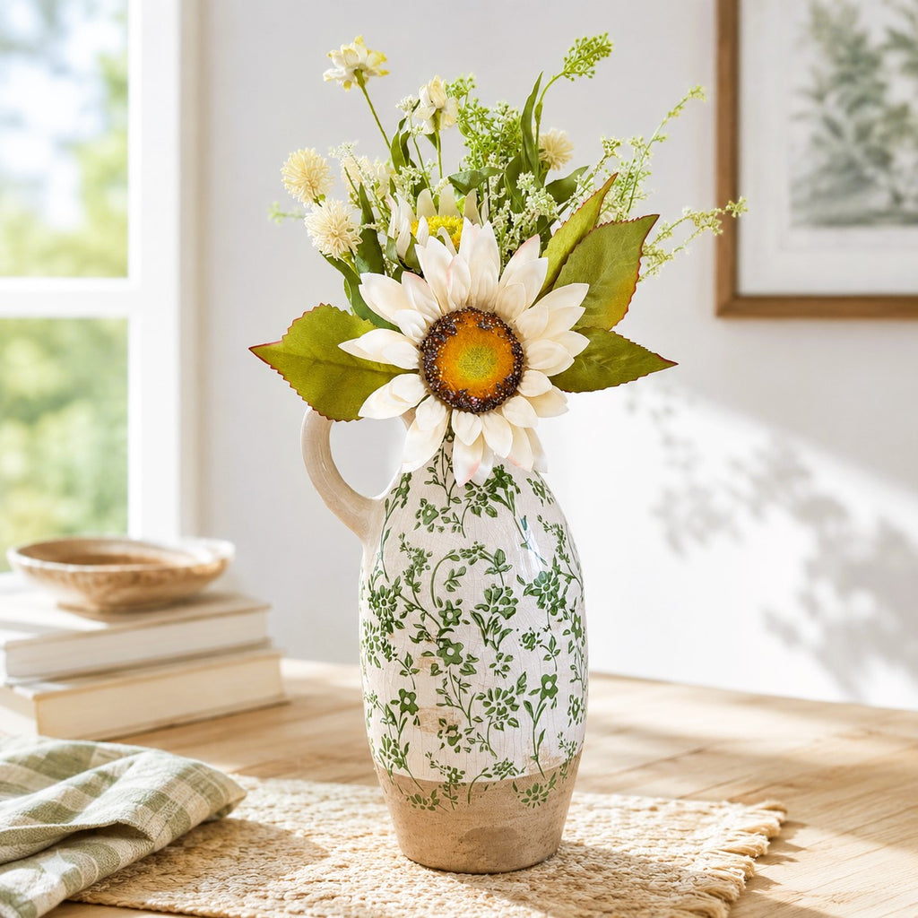 Decorative vase with floral pattern and sunflower arrangement on a table.