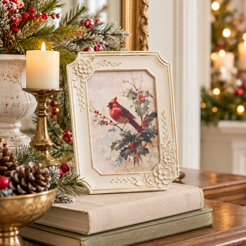 Winter Cardinal & Holly Framed Art } 4×6 Ivory Floral Frame