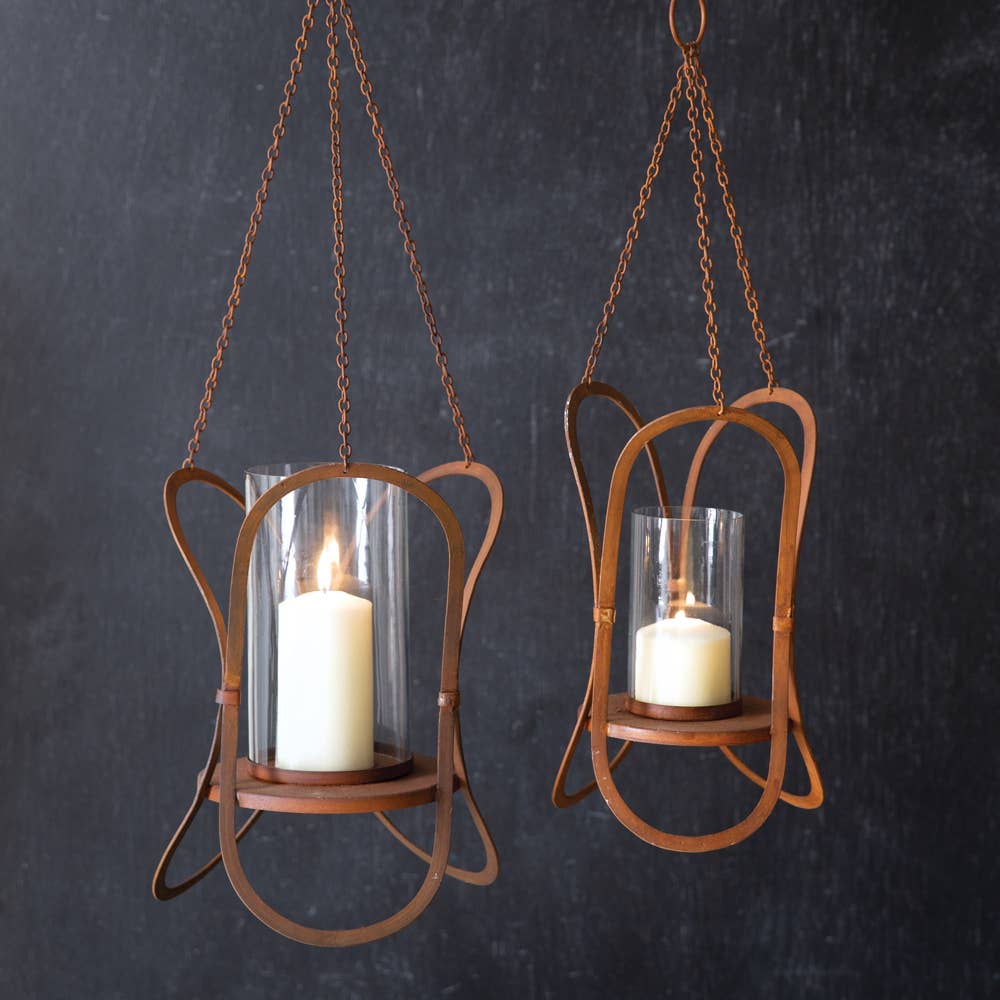 Rowan rustic metal candle lantern with glass panels farmhouse hanging decor