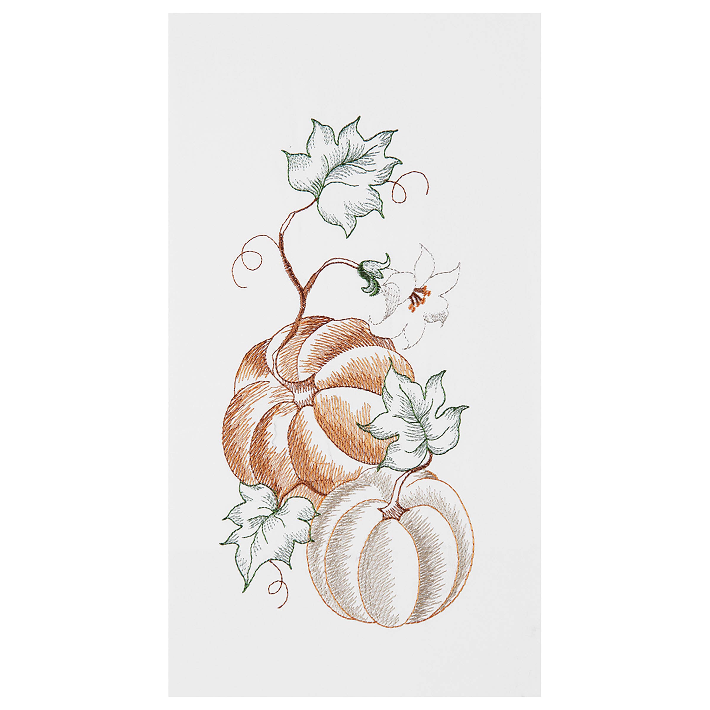 A vertical rectangular kitchen towel featuring two pumpkins with leaves and vines on a light gray background. The larger pumpkin is peachy orange, the smaller one is cream/off-white, and the leaves are pale green with subtle brown stems and curls.