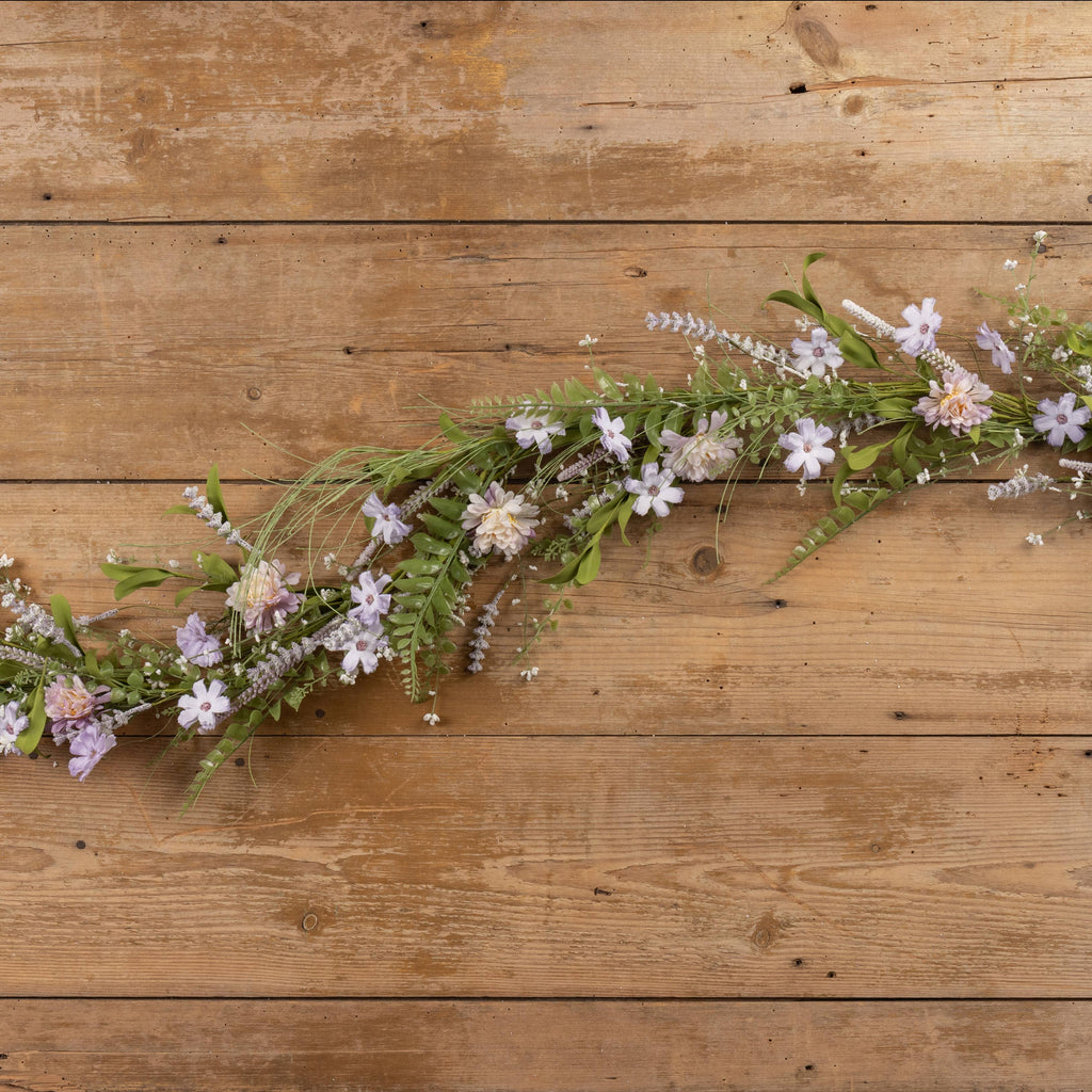 6-foot purple wildflower garland with wispy greenery, decorative accent for mantel, shelf, or tabletop