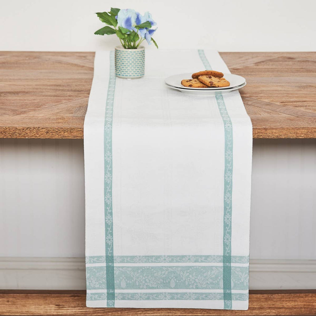 Quiet Aqua Jacquard Table Runner, 13 by 72 inch cotton table runner with soft aqua striping and botanical detailing for dining decor