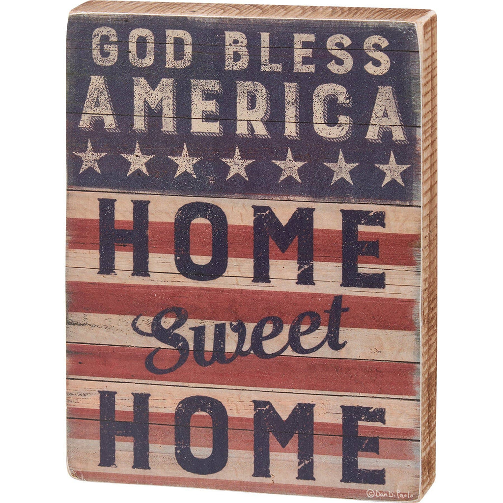 Wooden box sign with patriotic design and text 'God Bless America Home Sweet Home'