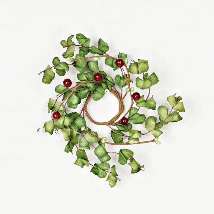 Ruffled Green Boxwood Candle Ring with Berries