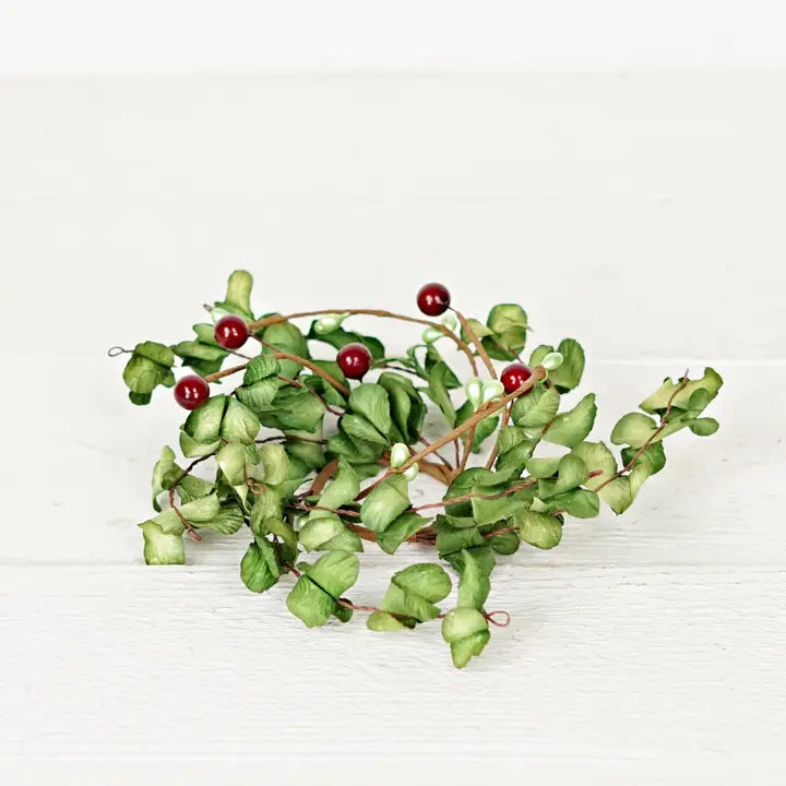 Ruffled Green Boxwood Candle Ring with Berries