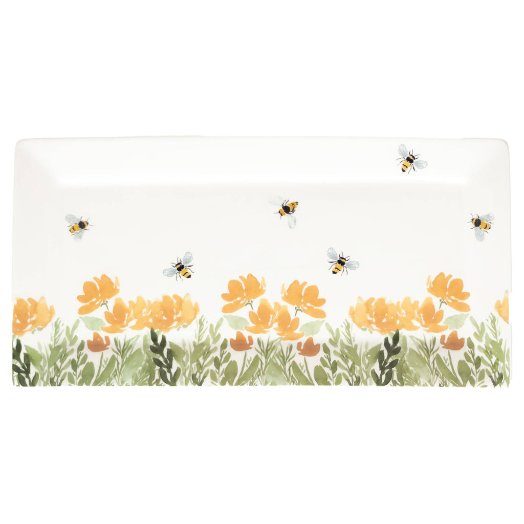 Botanical Bee Serving Platter, 14.25 inch dolomite platter with wildflowers and bees for entertaining and table decor