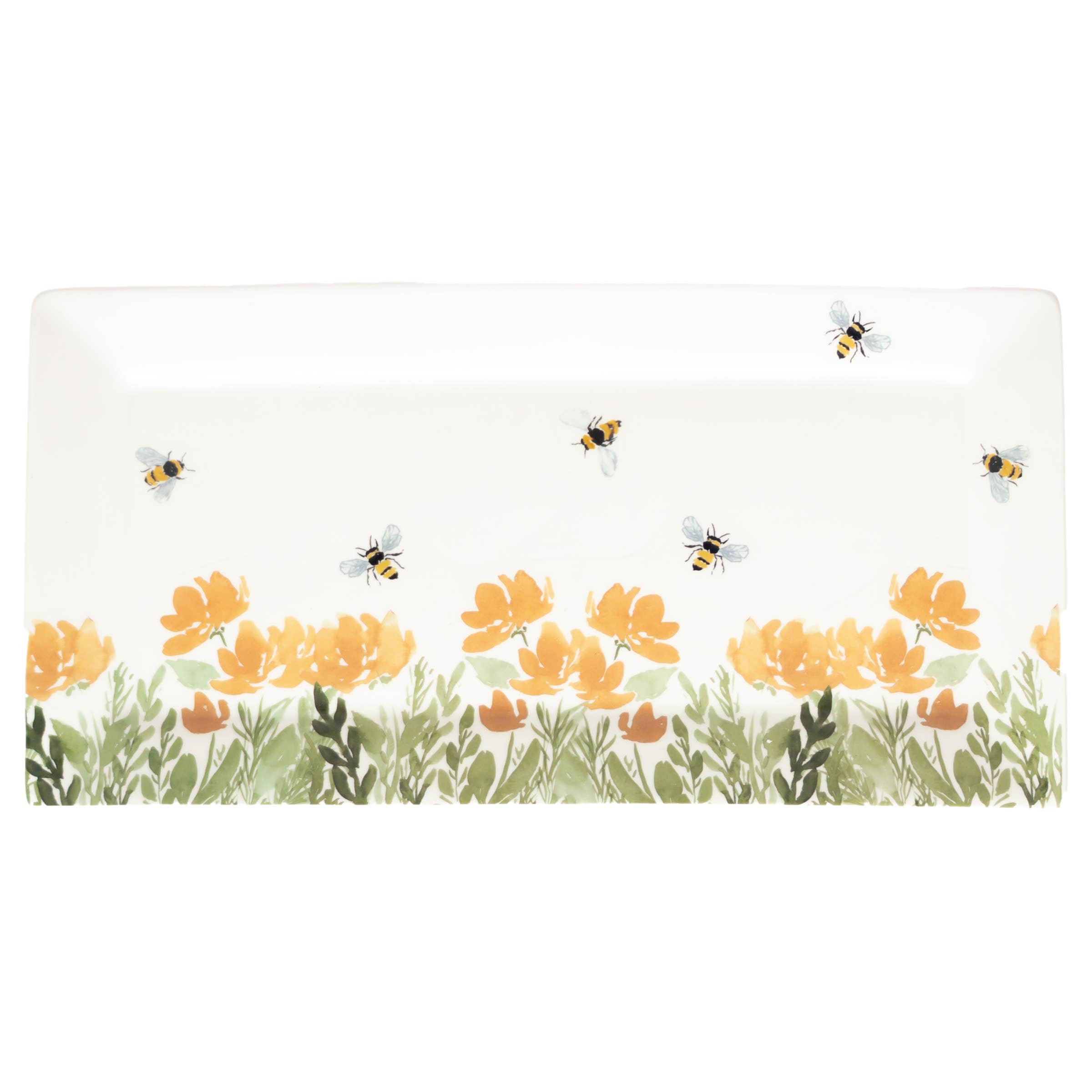 Botanical Bee Serving Platter, 14.25 inch dolomite platter with wildflowers and bees for entertaining and table decor