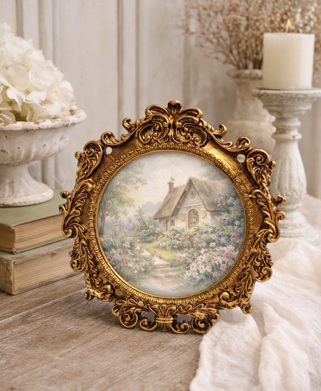 Antoinette Round Frame 6 inch Antique Gold - Ornate round resin frame with classic scroll detailing and warm antique gold finish for gallery wall and shelf decor