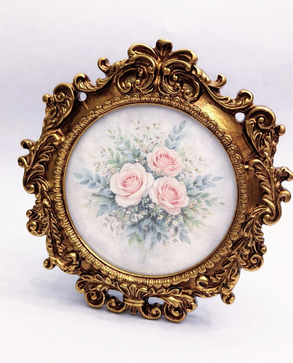 Antoinette Round Frame 6 inch Antique Gold - Ornate round resin frame with classic scroll detailing and warm antique gold finish for gallery wall and shelf decor