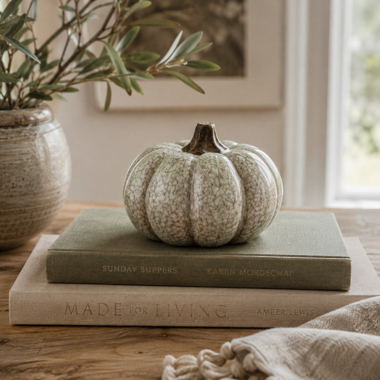 Antique Sage Ceramic Pumpkin | 5"