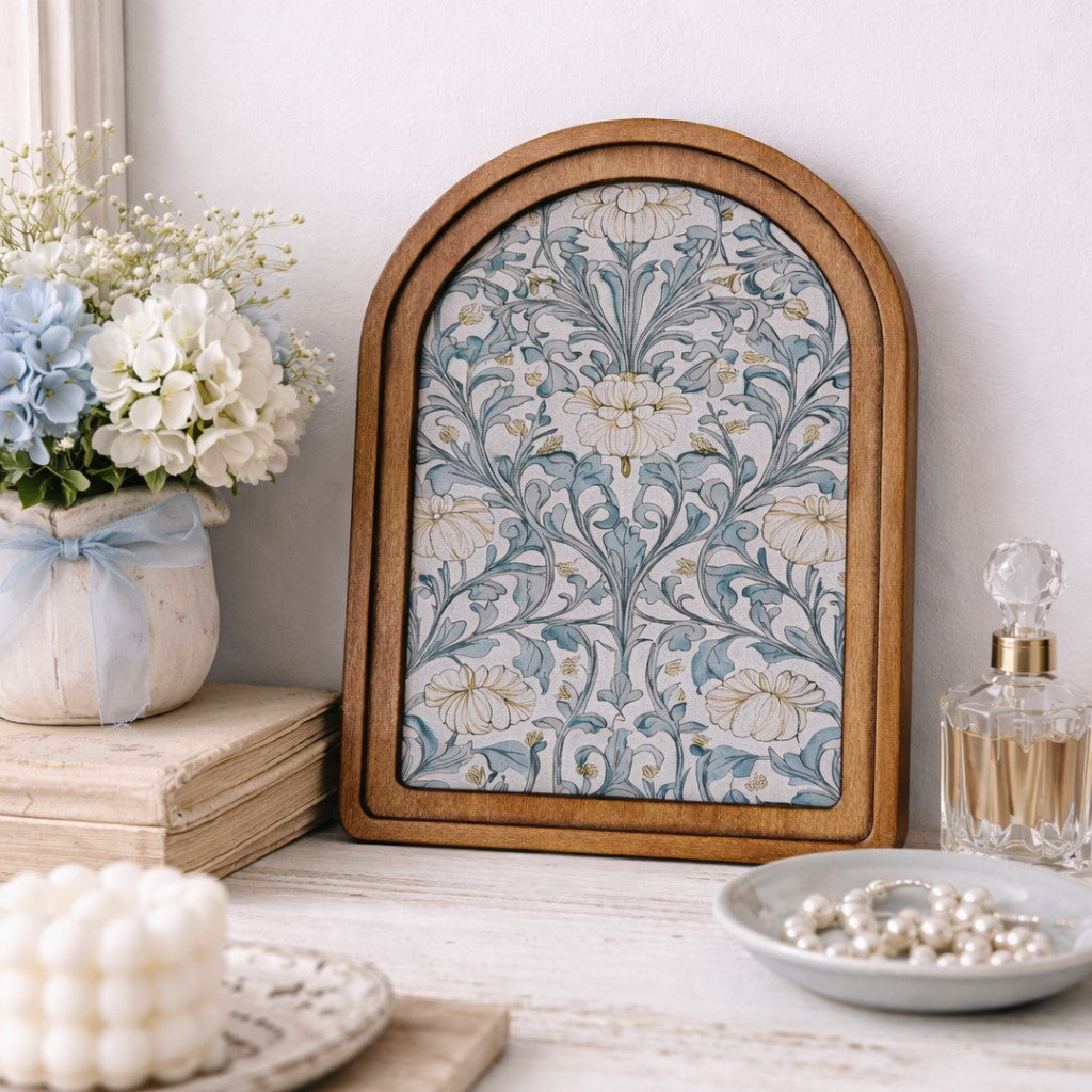Vintage blue cream floral botanical canvas wall art in arch top wood frame with early American stain, handcrafted farmhouse cottage decor, 8.25x11