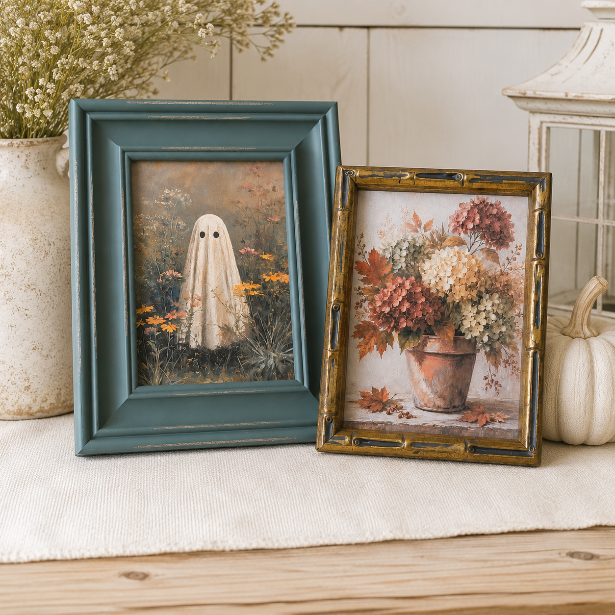 Two decorative framed art prints displayed on a light fabric surface. The left frame is teal and contains a ghost in a field print.