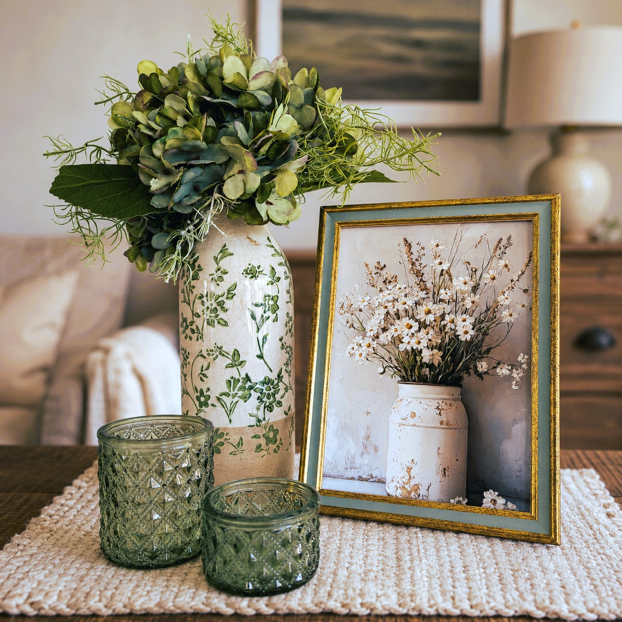Decorative setup with greenery, candles, and a framed picture of flowers on a table.