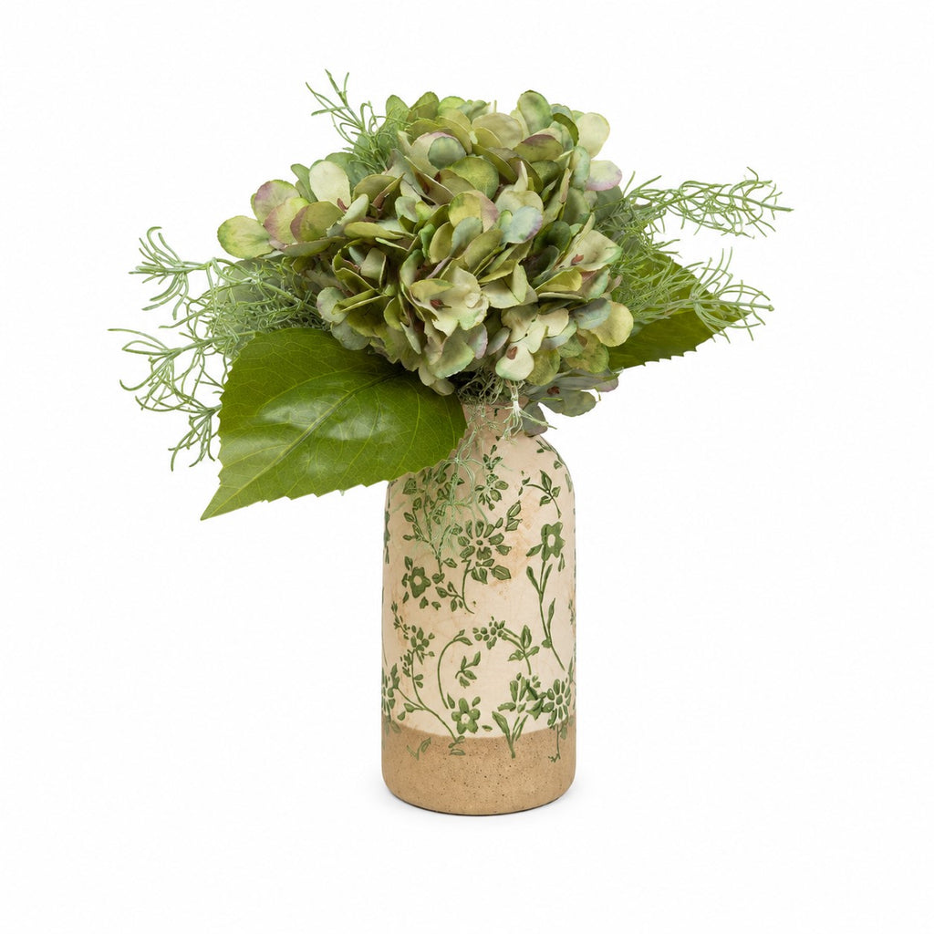Decorative vintage green vase with green hydrangea arrangement on a white background