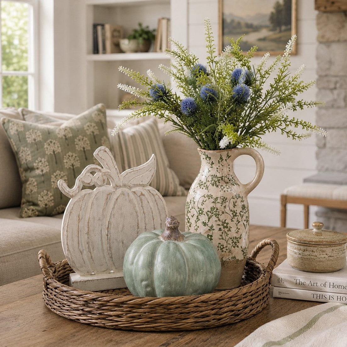 A styled fall living room scene with a woven tray holding a white distressed pumpkin, a mint green pumpkin, and a floral ceramic vase filled with greenery and blue thistle flowers. A beige sofa, pillows, shelves, and a stone fireplace are visible in the background.