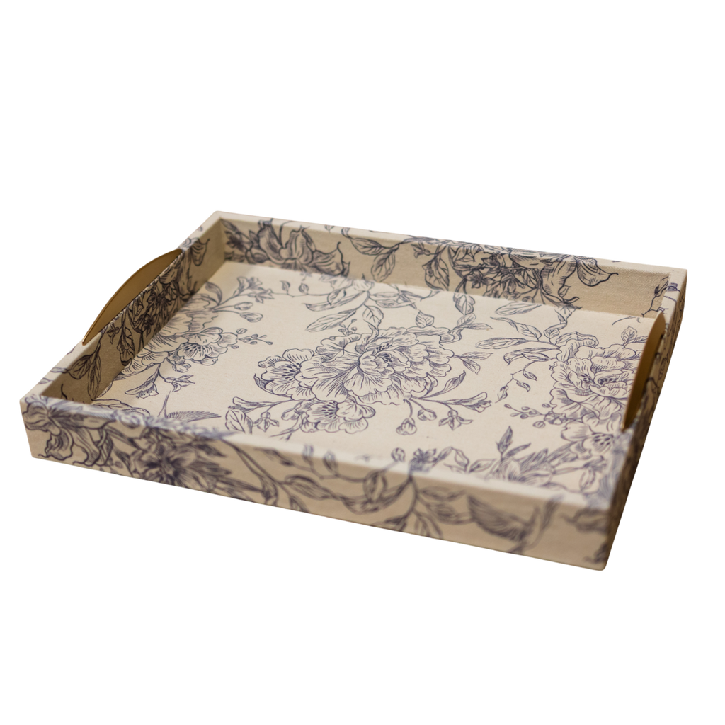Floral Fabric Wrapped Tray Cream Blue - 15.75 inch fabric-wrapped serving tray with soft cream and blue floral pattern for French country mantel and coffee table decor
