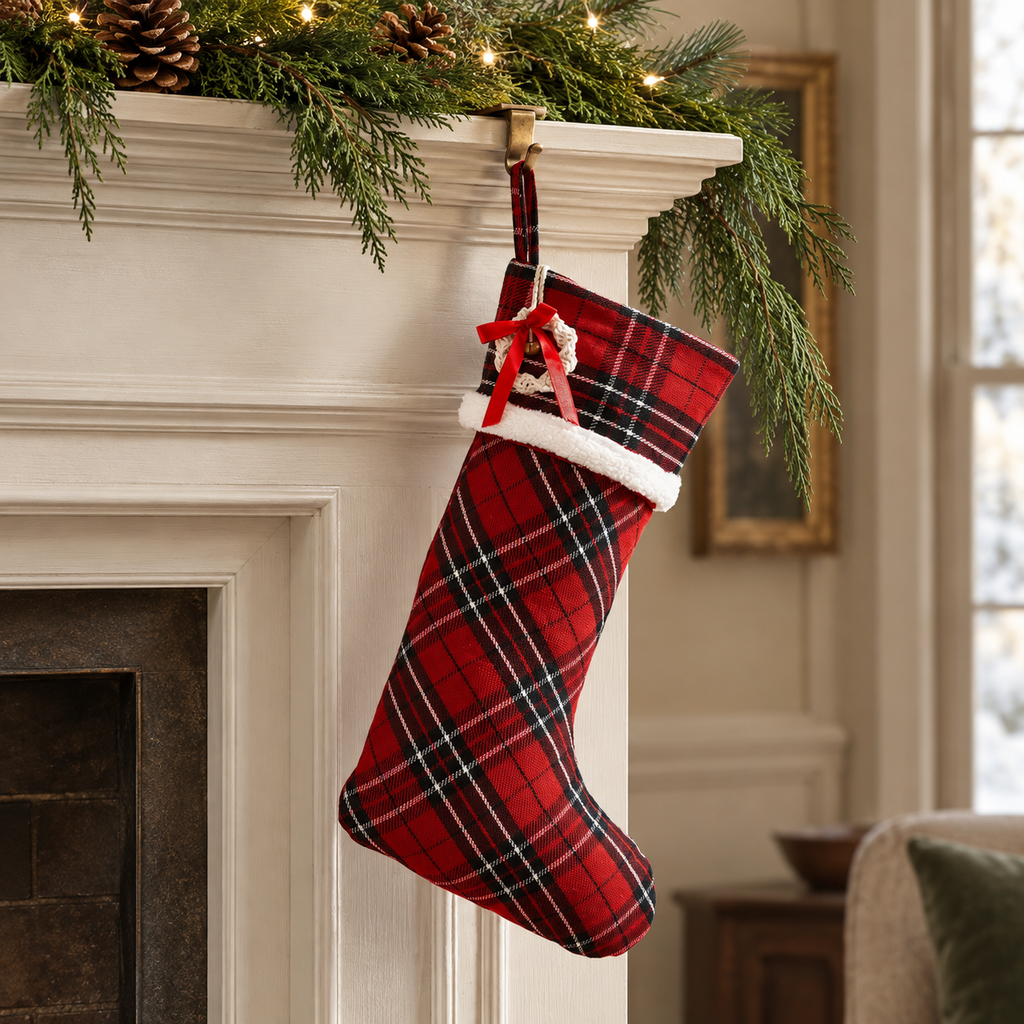 A red and black plaid Christmas stocking with white faux-fur trim hangs from a gold hook on a white fireplace mantel decorated with green pine branches and warm string lights.