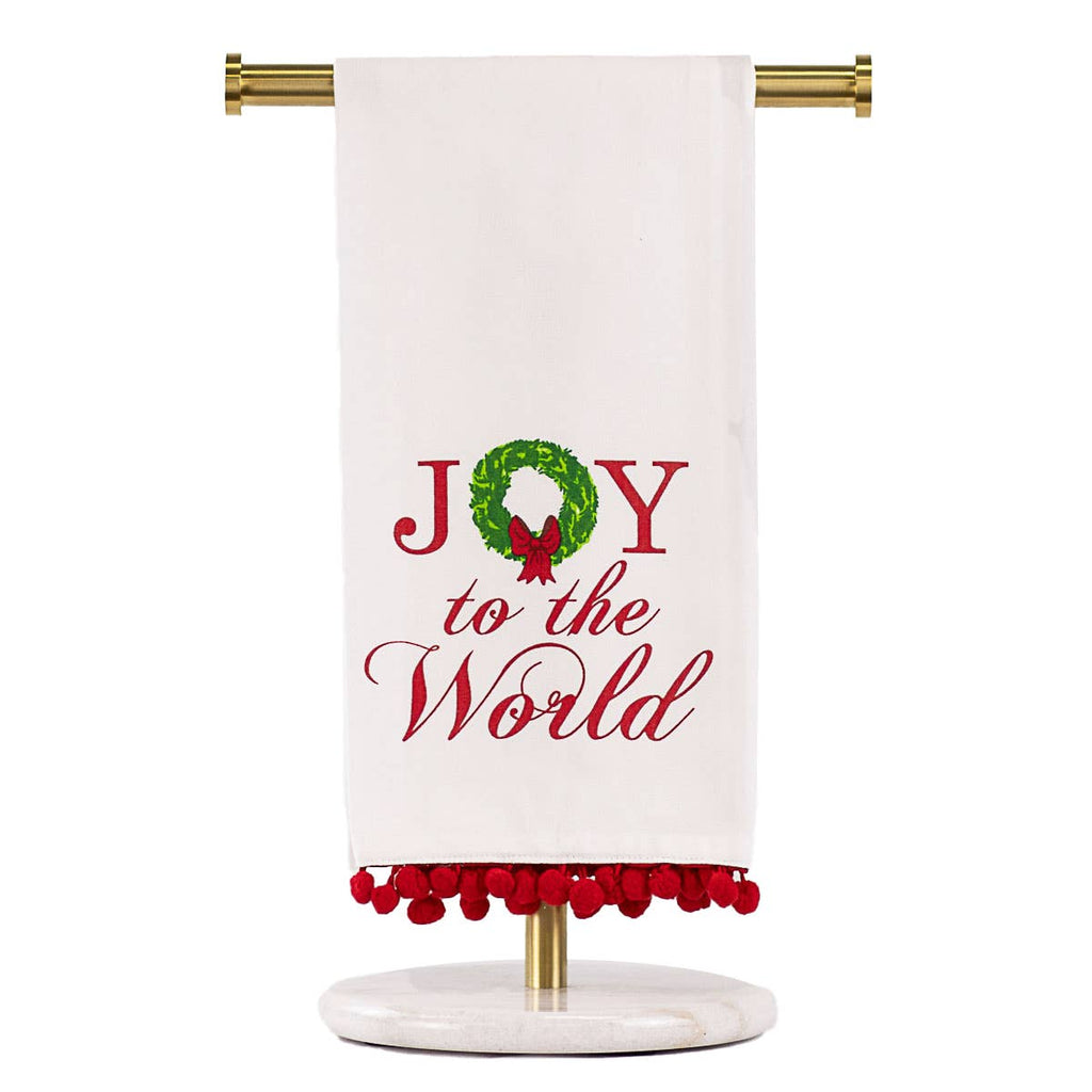 Grand Joy to the World Christmas Hand Towel with Red Pom-Pom Trim | 20" x 28"