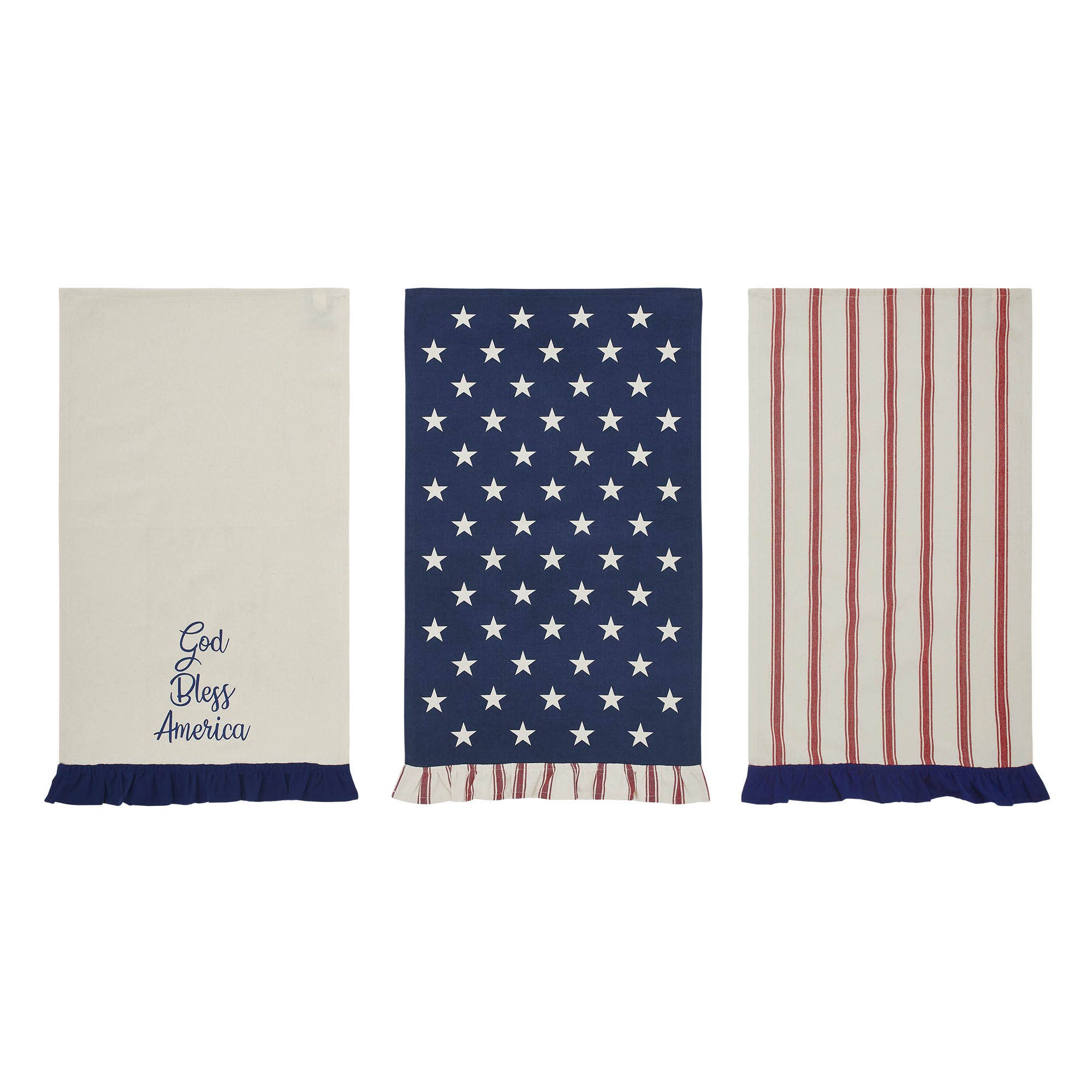 Three decorative towels with different patterns on a white background