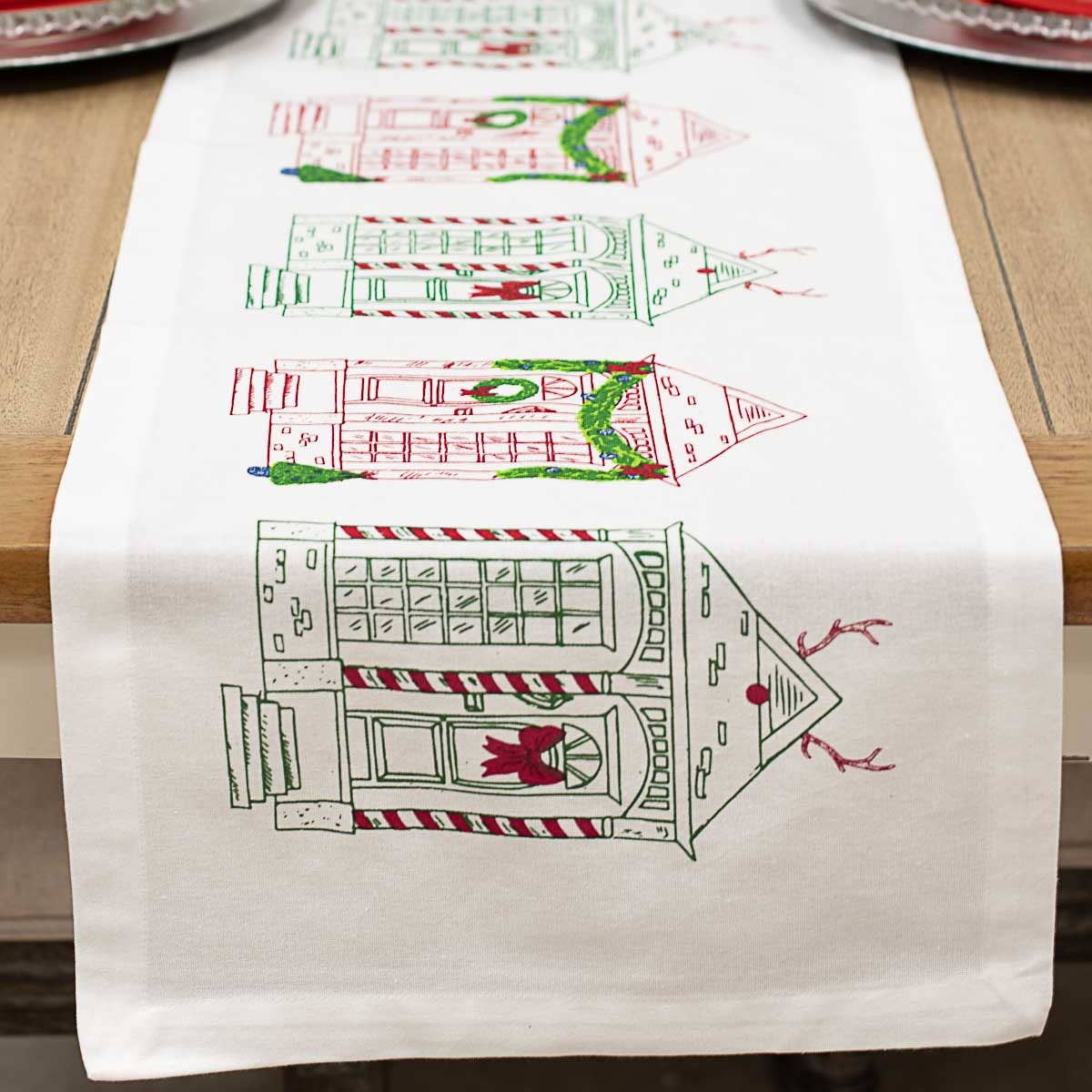 Christmas Village Table Runner | Red & Green Holiday Houses 13" x 60"