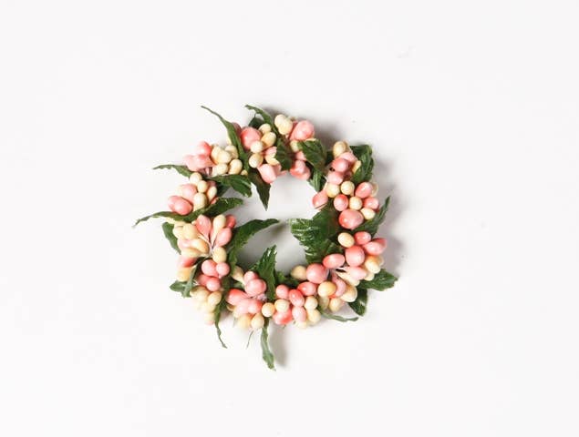 Petite blush pink and cream pip berry candle ring with greenery, 1.5 inch opening, spring table decor and napkin ring