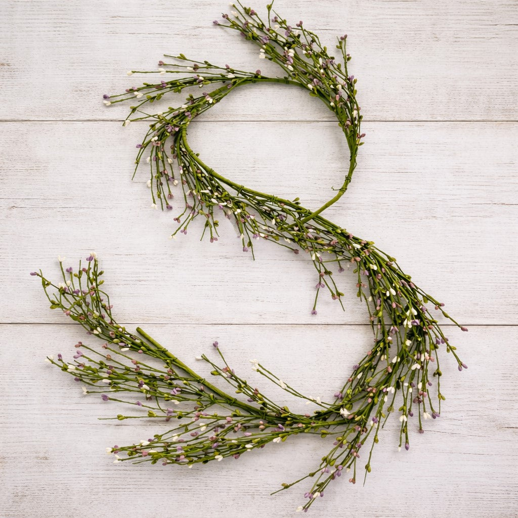 Belle Prairie Pip Berry Garland, 55 inch hand-wrapped rice berry garland in green with cream and purple accents for  home decor