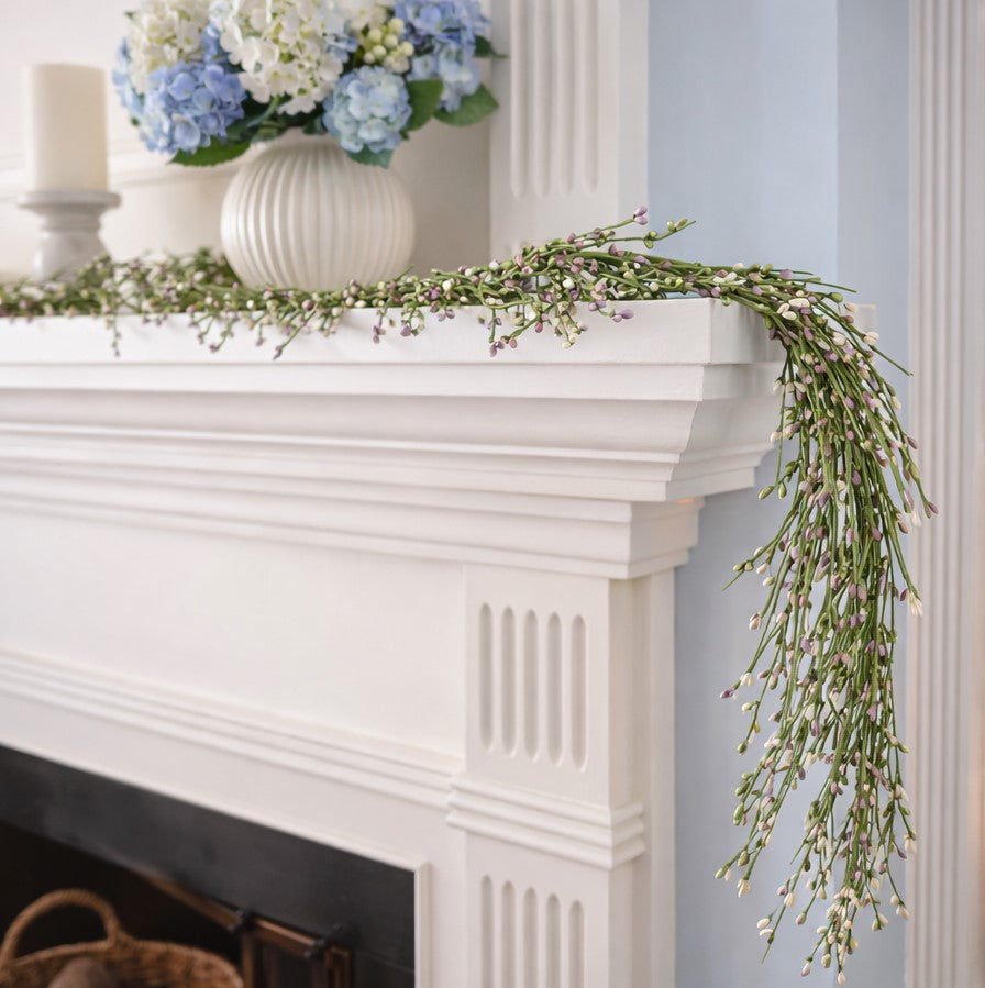 Belle Prairie Pip Berry Garland, 55 inch hand-wrapped rice berry garland in green with cream and purple accents for  home decor