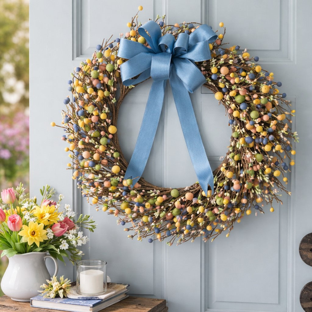 Spring Meadow Berry Wreath with pastel berries and blue satin bow on natural twig base, 19 inch diameter