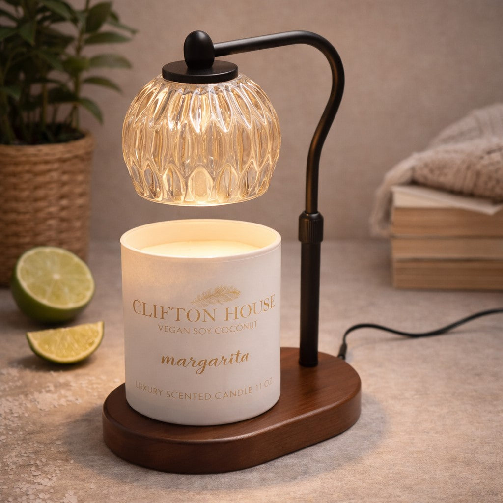 Candle Warmer Lamp | Crystal Glass & Wood Base | Black