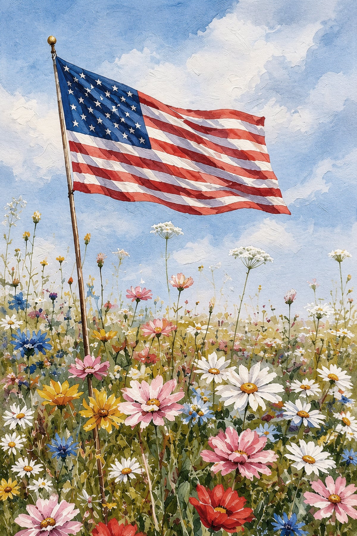 American flag waving in a field of colorful wildflowers under a blue sky with clouds.
