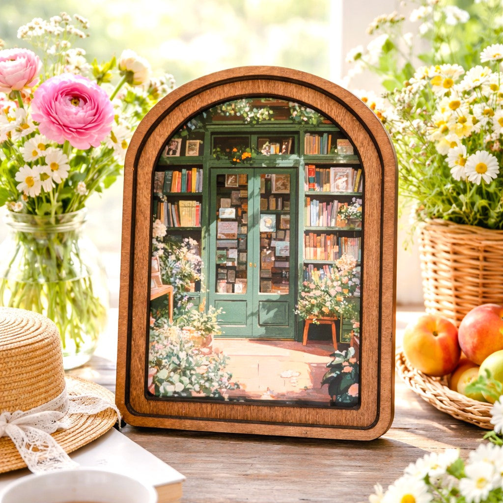 Book Store Framed Art 6x8 inch - Canvas print of flower-lined bookshop in warm Early American double-layered wood frame for shelf and wall decor