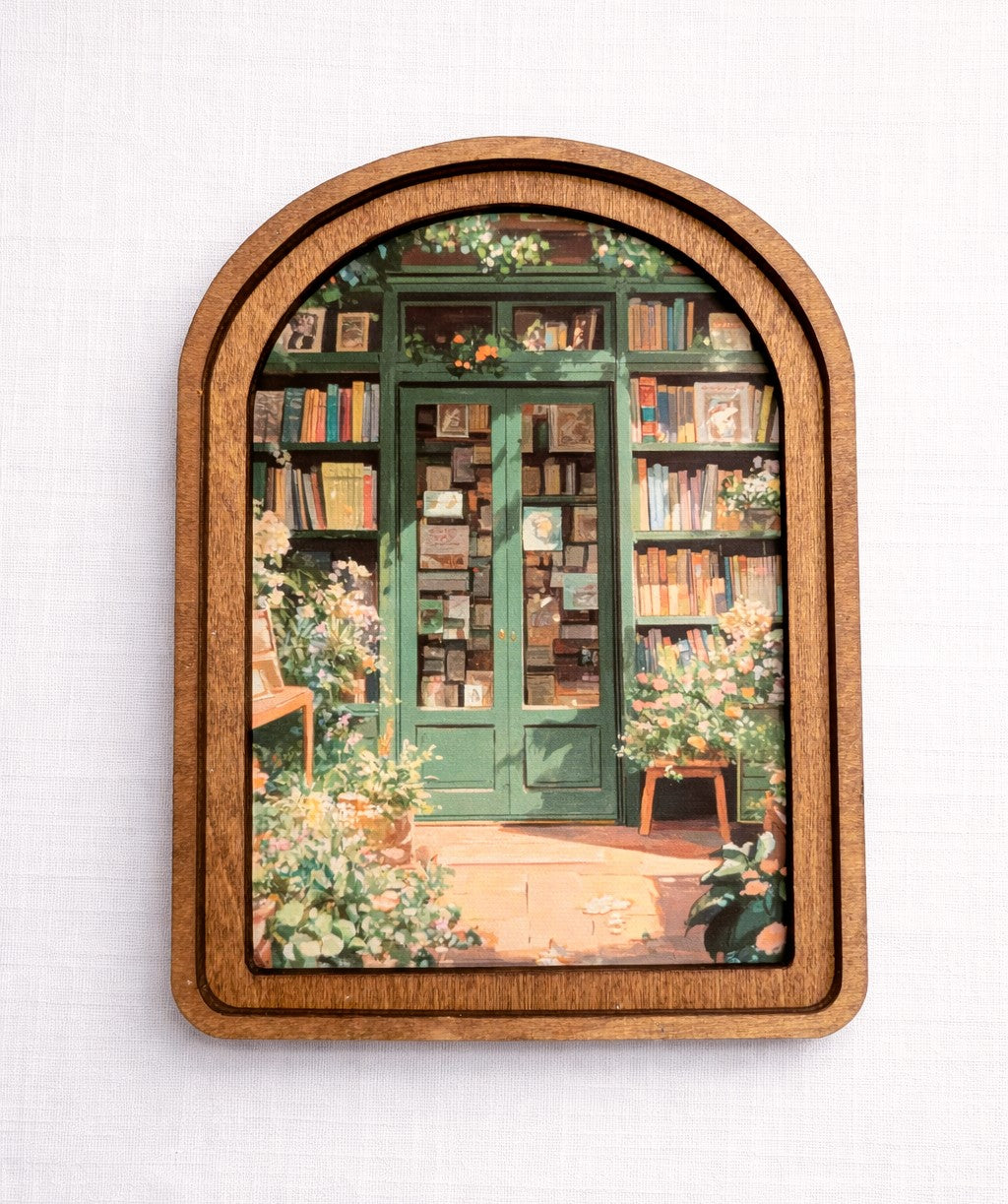 Book Store Framed Art 6x8 inch - Canvas print of flower-lined bookshop in warm Early American double-layered wood frame for shelf and wall decor