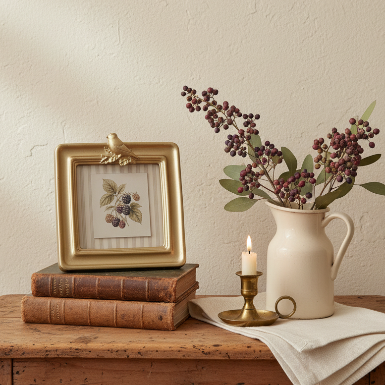 Botanical Blackberry Print Layered French Country Vignette