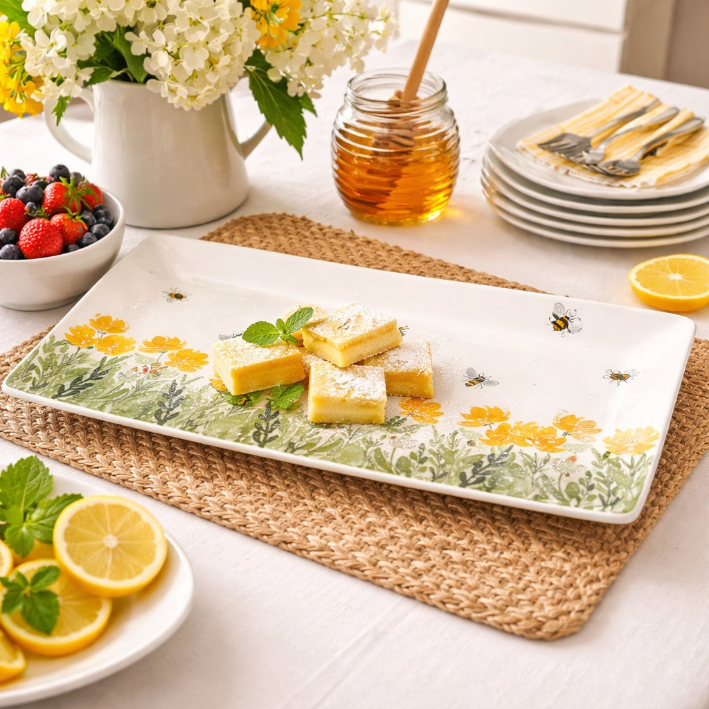 Botanical Bee Serving Platter, 14.25 inch dolomite platter with wildflowers and bees for entertaining and table decor