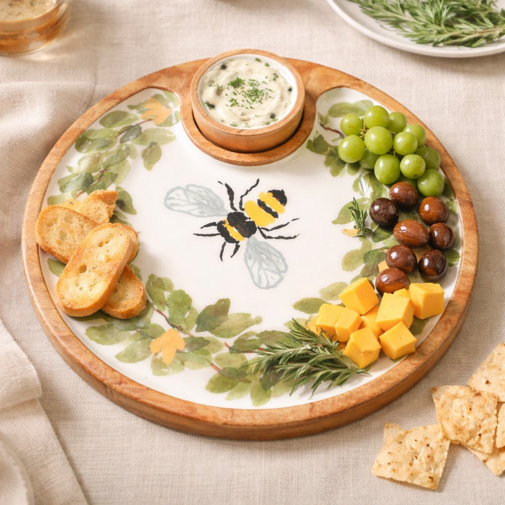 Bumble Bee Server Chip and Dip, 12 inch round mango wood serving board with removable dip bowl and bee design for entertaining