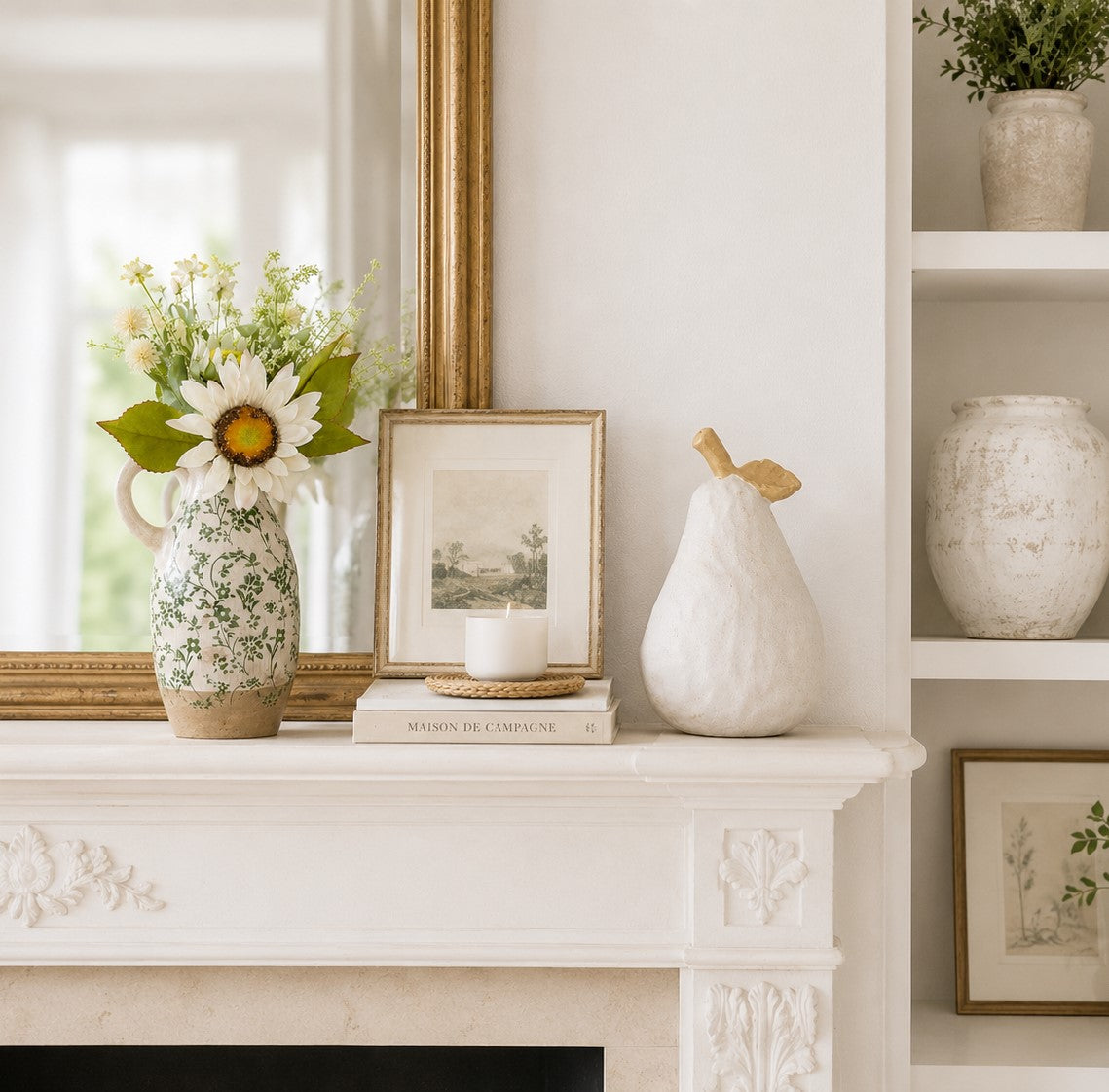 Decorative mantelpiece with vase and sunflower bouquet, books, and decorative ceramic pear.