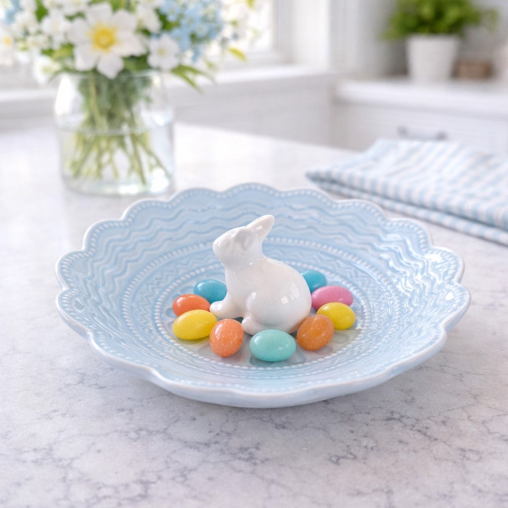 Handcrafted white ceramic bunny dish with detailed features perfect for farmhouse kitchen or Easter display