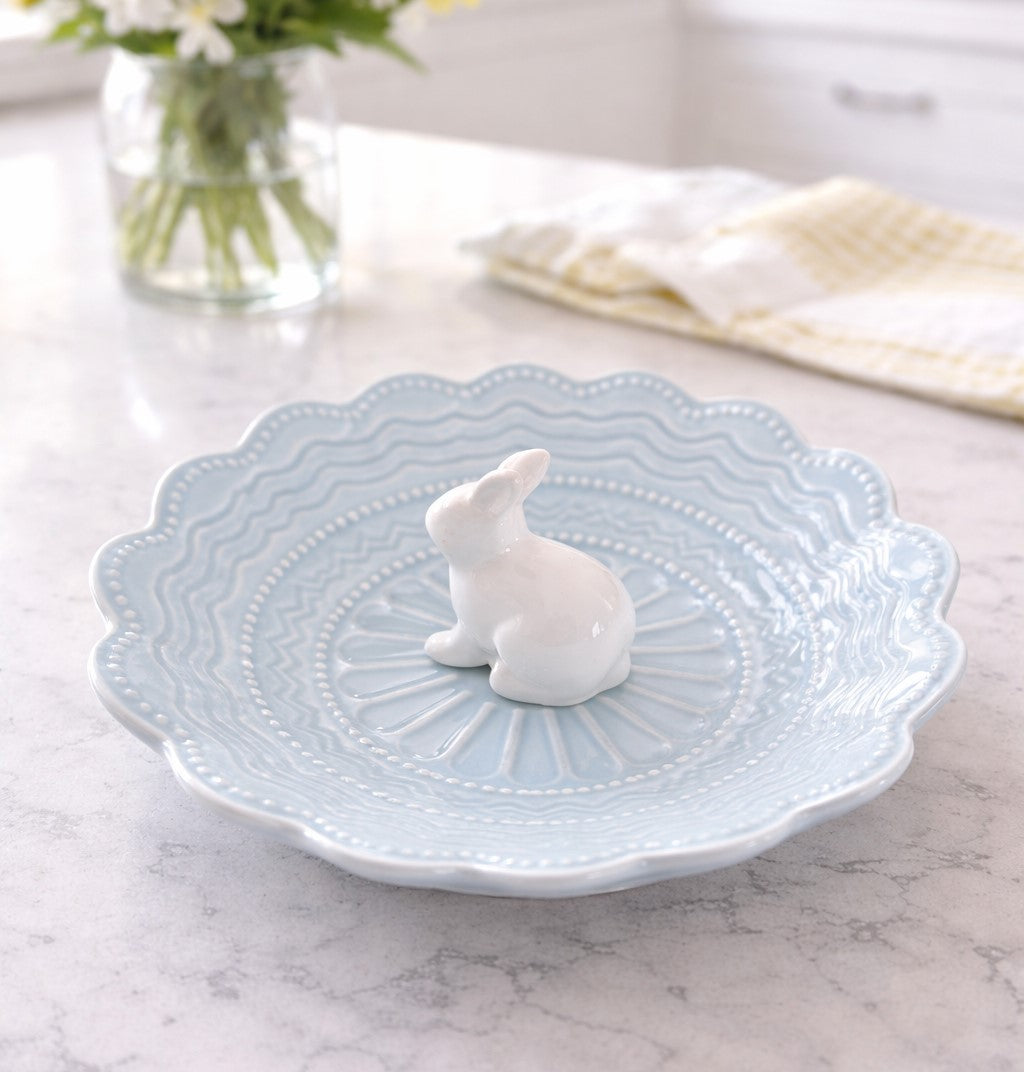 Handcrafted white ceramic bunny dish with detailed features perfect for farmhouse kitchen or Easter display