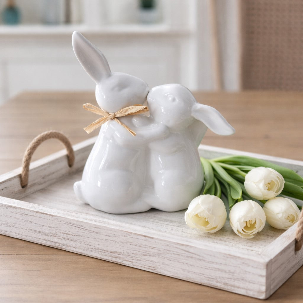 Ceramic Cuddle Bunnies 6.5 inch white rabbit figurine pair Easter spring decor
