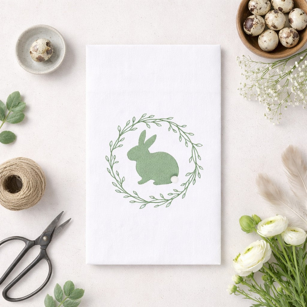 Spring Greens Bunny Kitchen Towel in sage green with white bunny tail and floral spring design