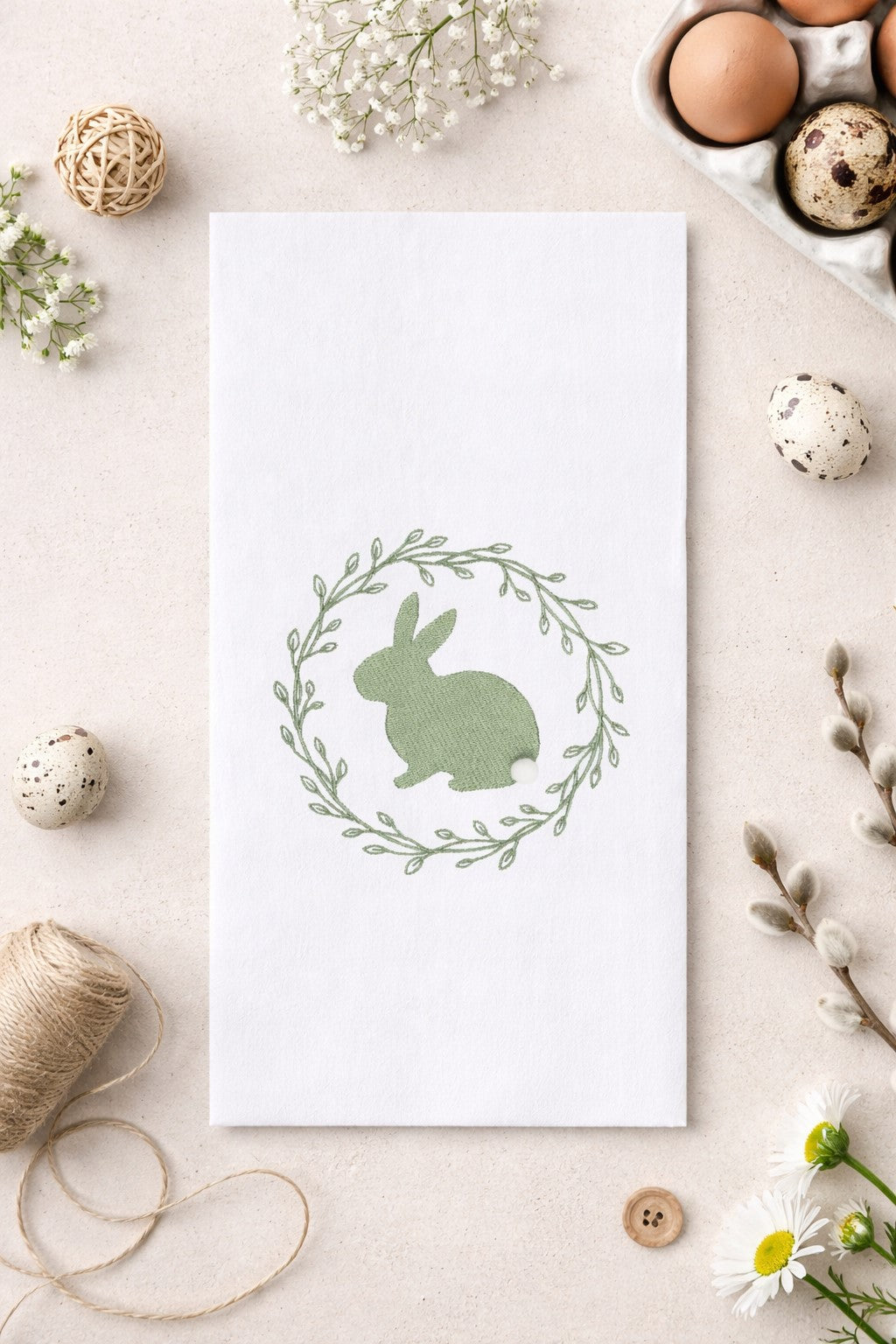 Spring Greens Bunny Kitchen Towel in sage green with white bunny tail and floral spring design