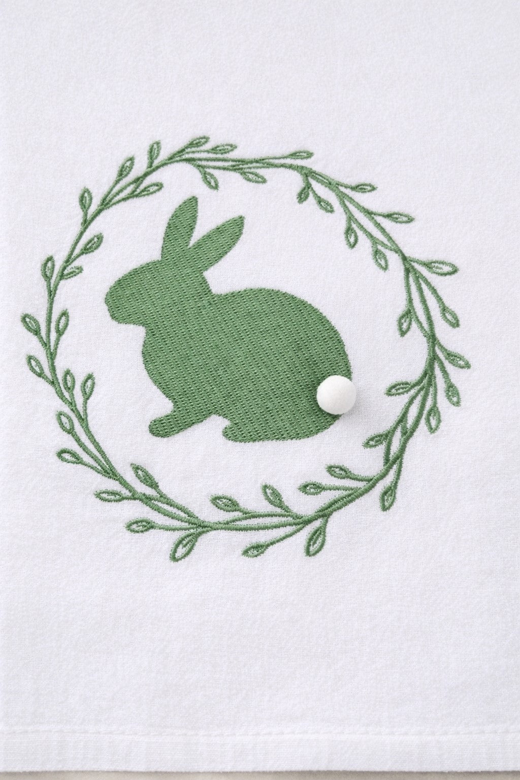 Spring Greens Bunny Kitchen Towel in sage green with white bunny tail and floral spring design
