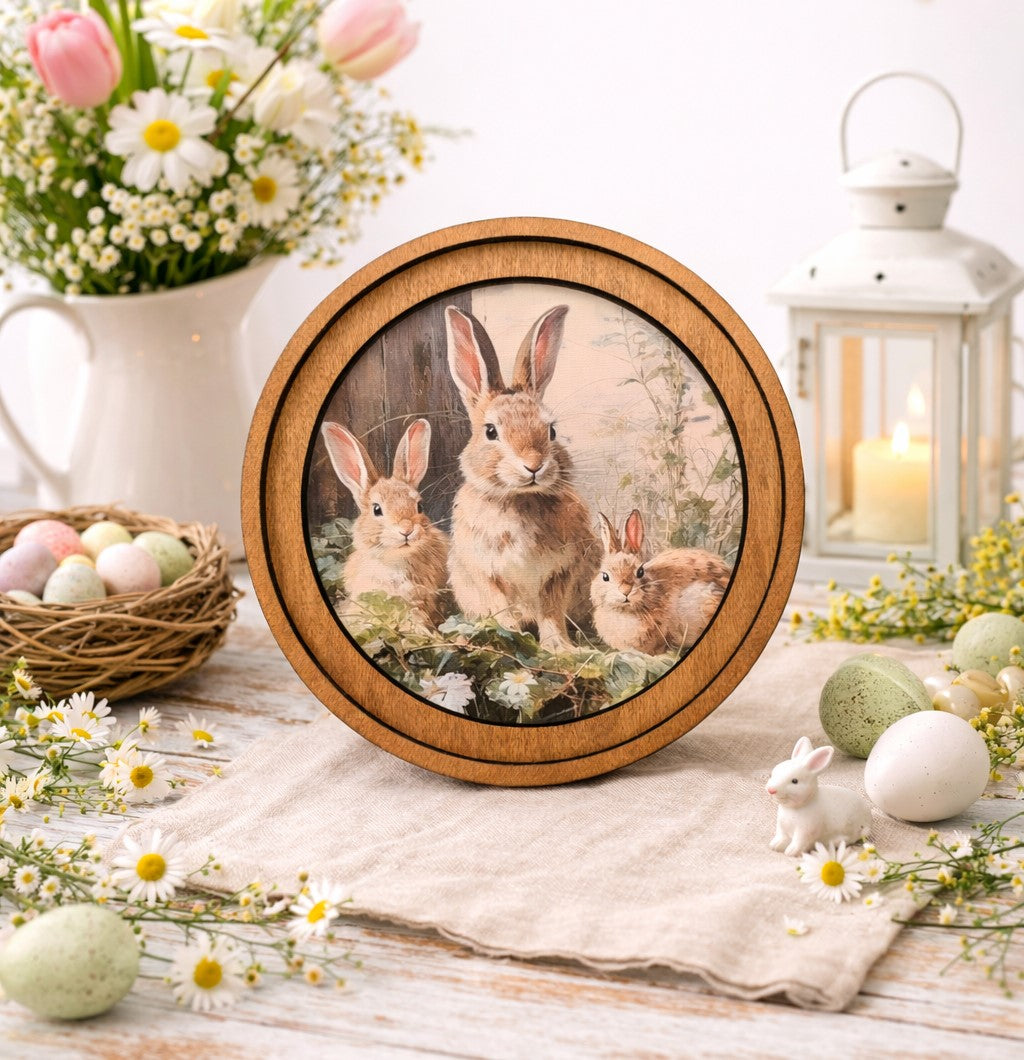 8 inch Woodland Bunnies Round Art - Round framed canvas artwork featuring sweet bunny family in soft storybook style with neutral Early American wood frame for spring nursery and farmhouse shelf decor