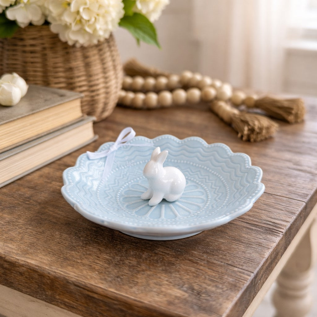Handcrafted white ceramic bunny dish with detailed features perfect for farmhouse kitchen or Easter display
