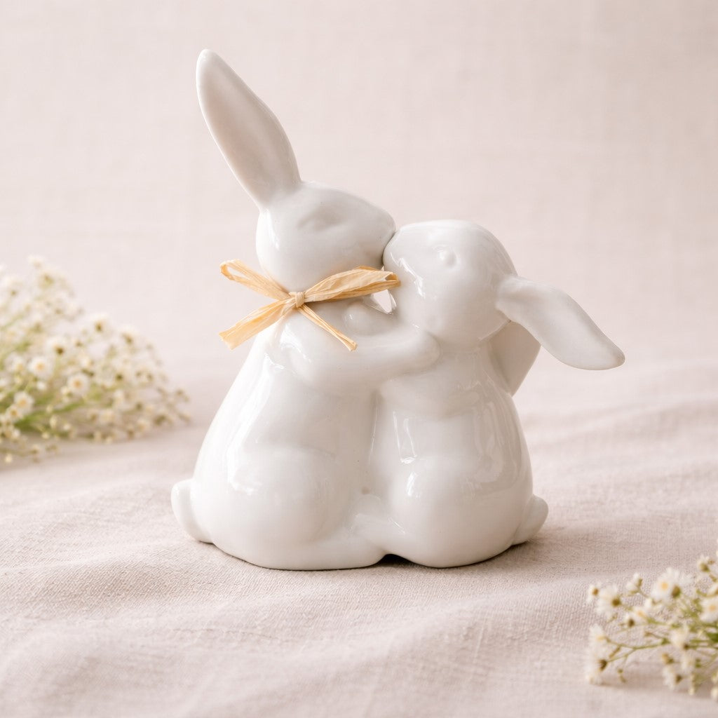 Ceramic Cuddle Bunnies 6.5 inch white rabbit figurine pair Easter spring decor