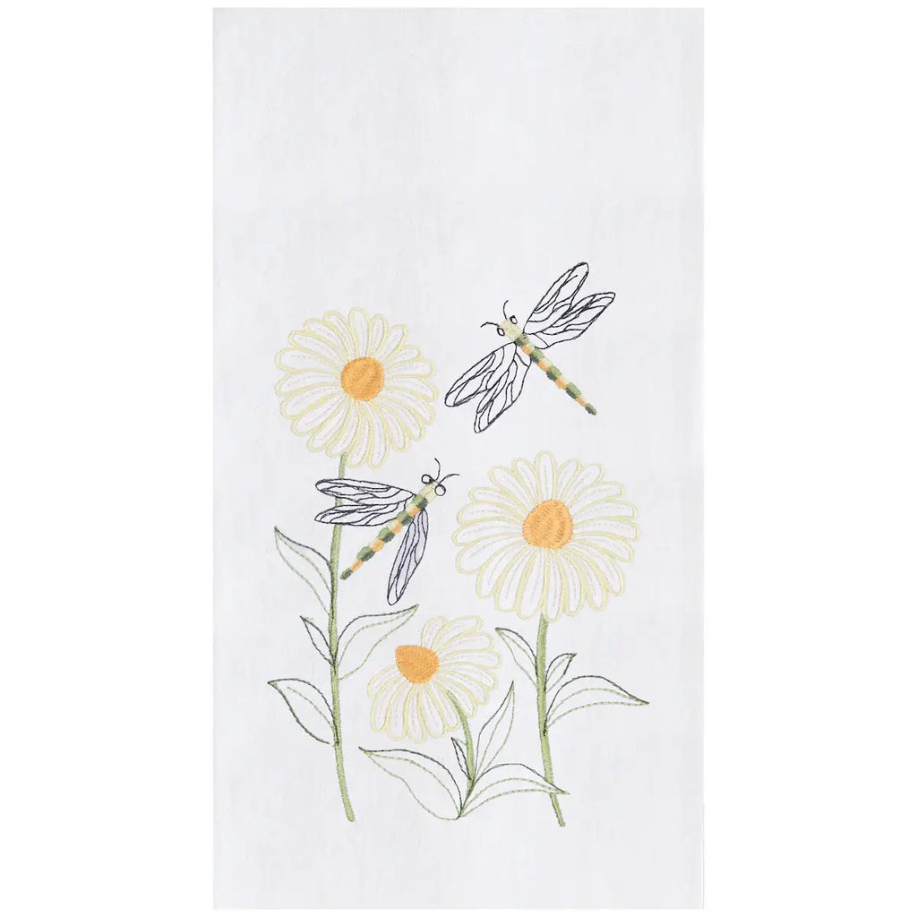 Dragonflies and Daisies Floral Kitchen Towel, cotton embroidered dish towel with dragonfly and flower design for  kitchen decor