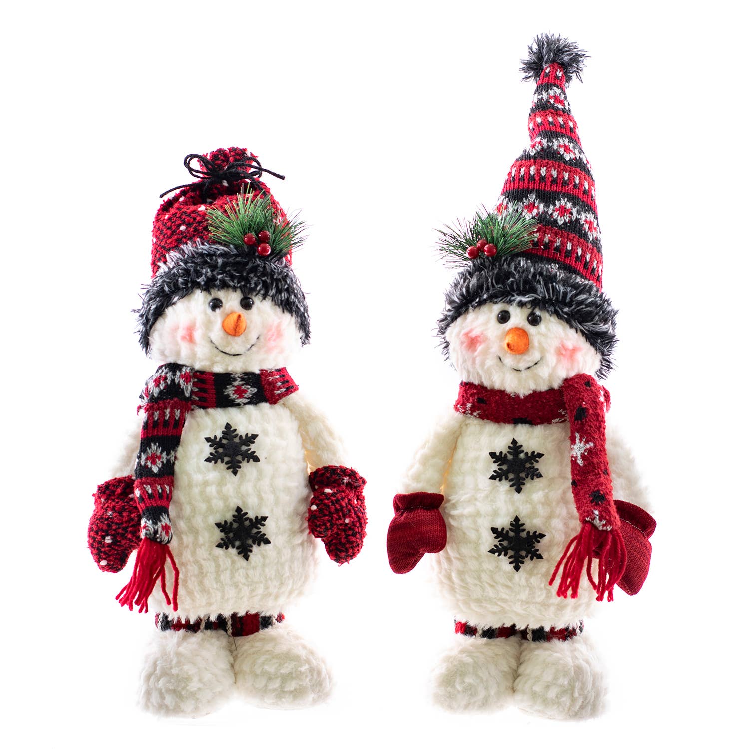 Two decorative snowmen with festive hats and scarves 
