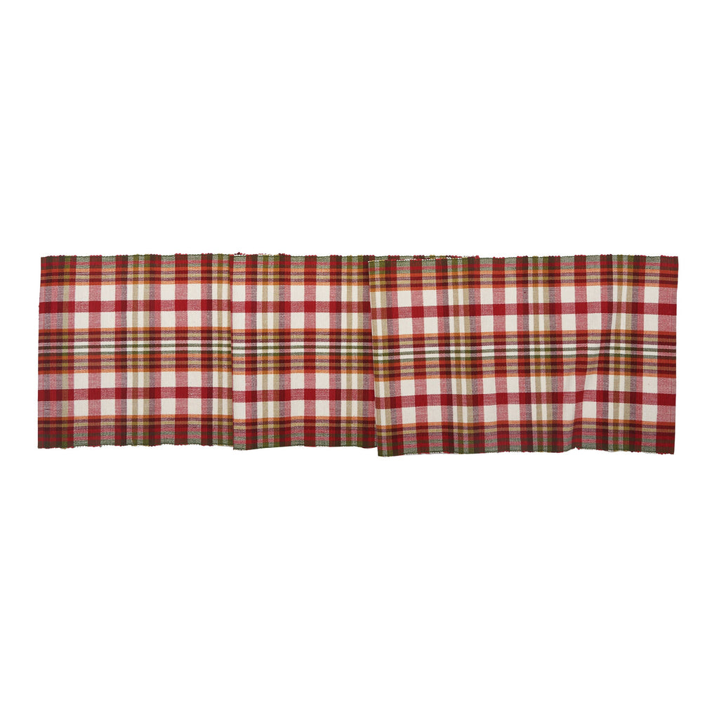 Red and beige plaid table runner on a white background